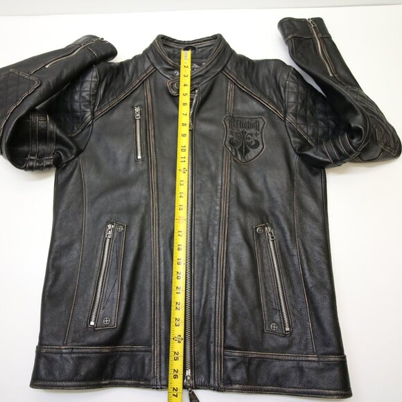 Affliction Black Premium Limited Leather Jacket Mens L fits Slim Cross Back Moto - Picture 16 of 16